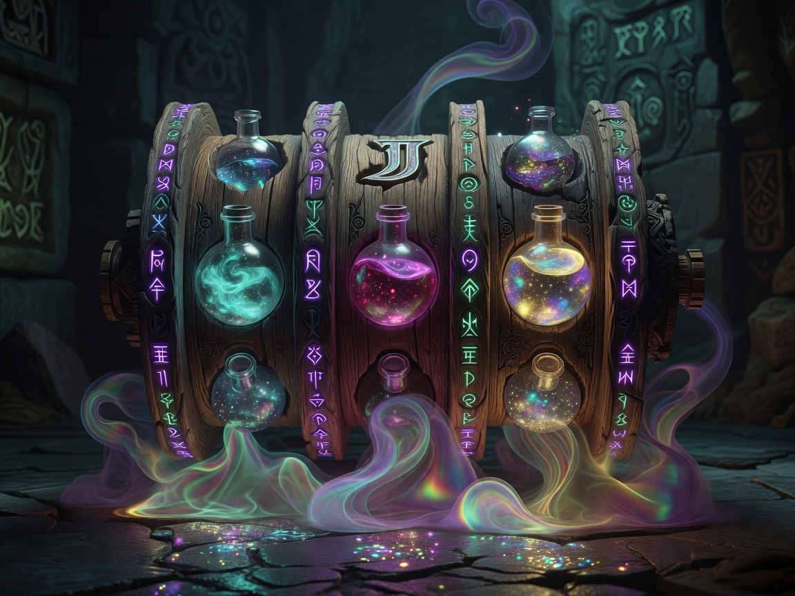 Enchanted casino slot reels glowing with arcane alchemy potion energy