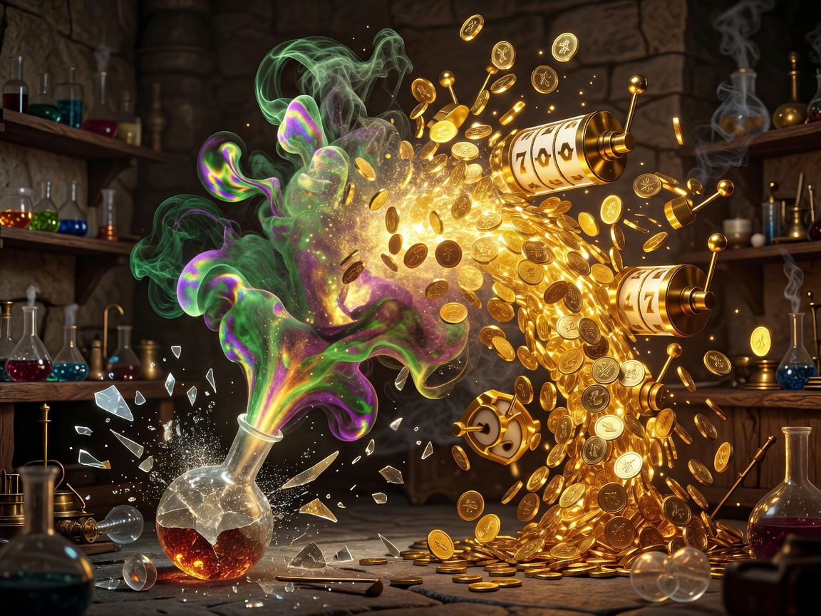 Magical potion explosion transforming into a massive golden slot machine jackpot win
