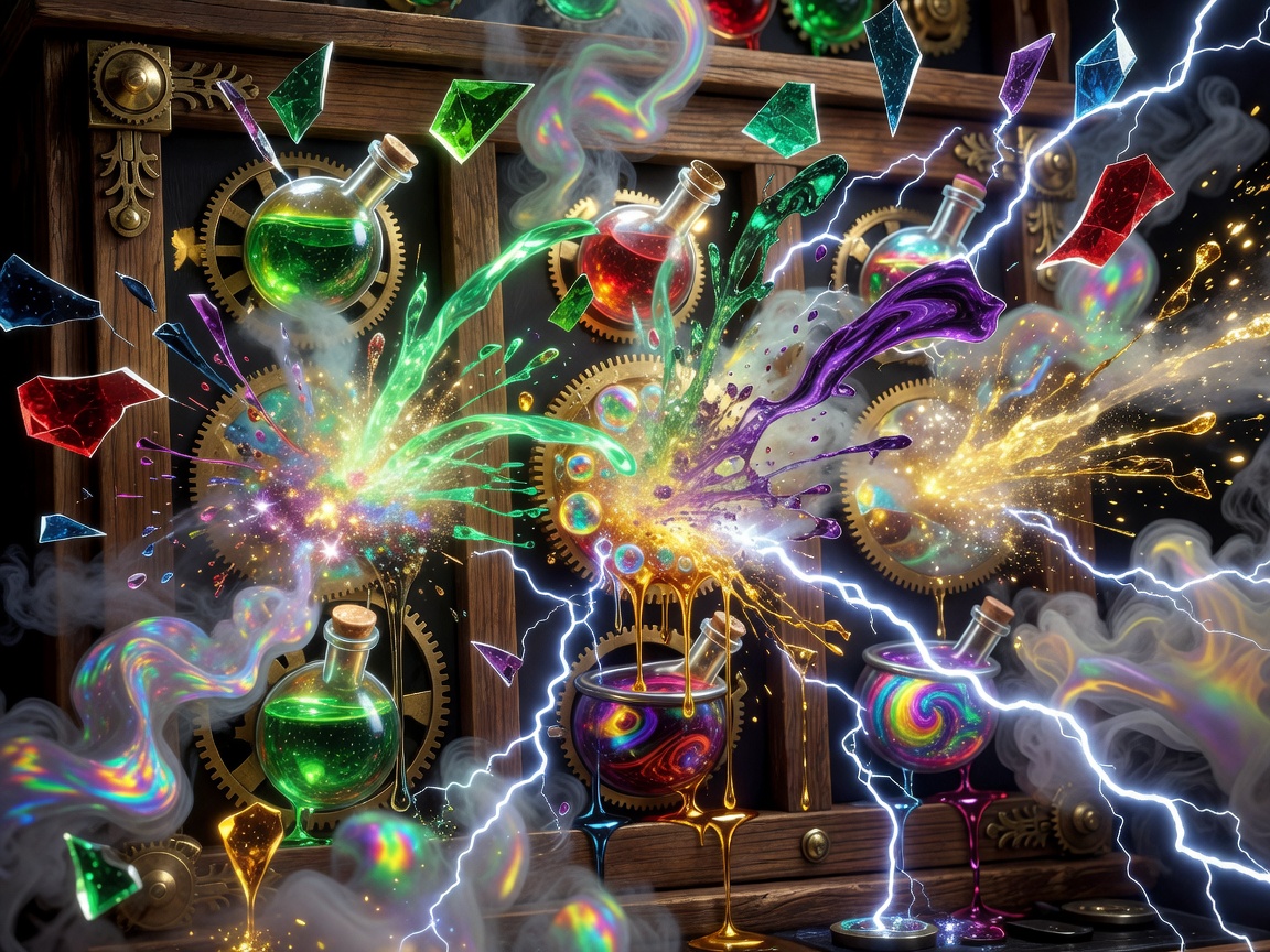 Slot reels exploding with magical green and purple potion effects